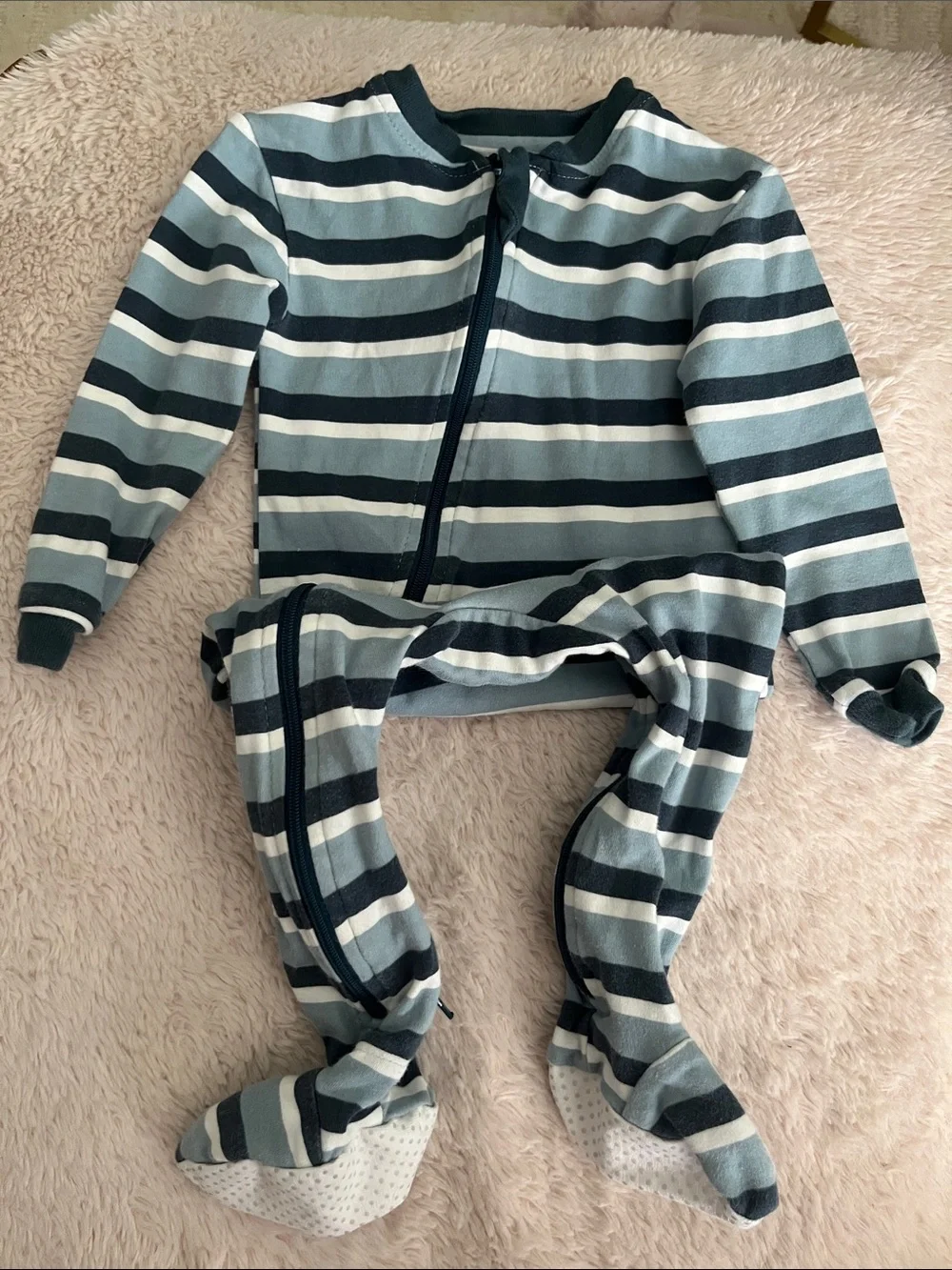 Zippy Jamz Striped Long-Sleeve Footed One-Piece - Navy & Light Blue
